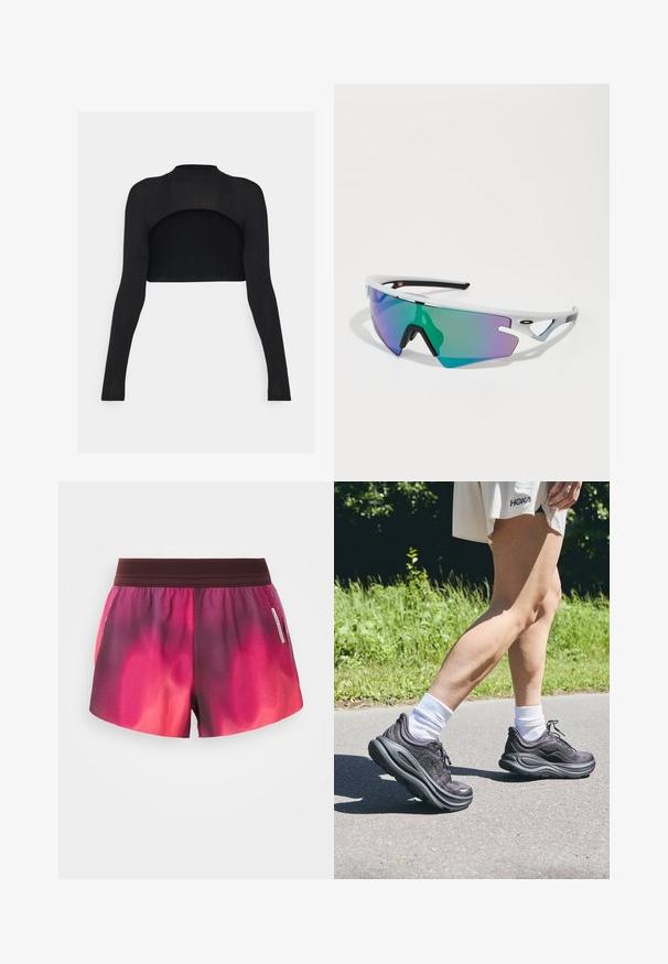 Schwarzes geripptes Crop-Top mit langen Ärmeln, hohem Kragen und offenem Rücken. Glatte Textur mit einer figurbetonten Silhouette.; Sportliche Shorts in einem pinken und lila Farbverlauf mit einem elastischen Bund, glatter Textur und einem Etikett an der Seite. Die Shorts haben eine lockere Passform.; Schwarze Sportschuhe aus strukturiertem Stoff, mit dicken gepolsterten Sohlen und Schnürsenkeln, kombiniert mit weißen Socken und einem hellbeigen Kleidungsstück.; Sportsonnenbrille mit einem weißen Rahmen, großen grünen und lila Farbverlaufs-Linsen, eckigem Design und schwarzen Akzenten an den Bügeln und der Nasenauflage.