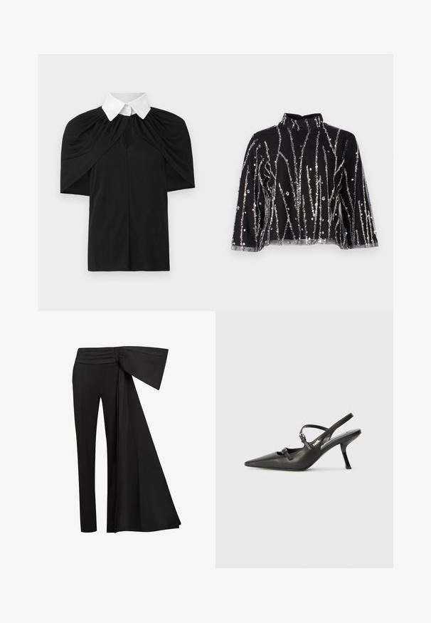 Must kandiga valge kraega, drapeeritud disainiga, lühikeste varrukatega ja ees avatud lõikega. Sile tekstuur, casual istic.; Mustmust lõhikuga must topp kõrgema kaelusega, millel on hõbedased säbrulised vertikaalsed read, läbipaistvad varrukad ja tekstureeritud kangas.; Mustad püksid laia, rippuva paela detailiga taljes. Sile kangas, sirge sääre lõige ja volditud talje.; Must musta slingback kontsad, terava nina, peenike konts ja dekoratiivne pandla detail peal. Sile tekstuur ja stiilne disain.