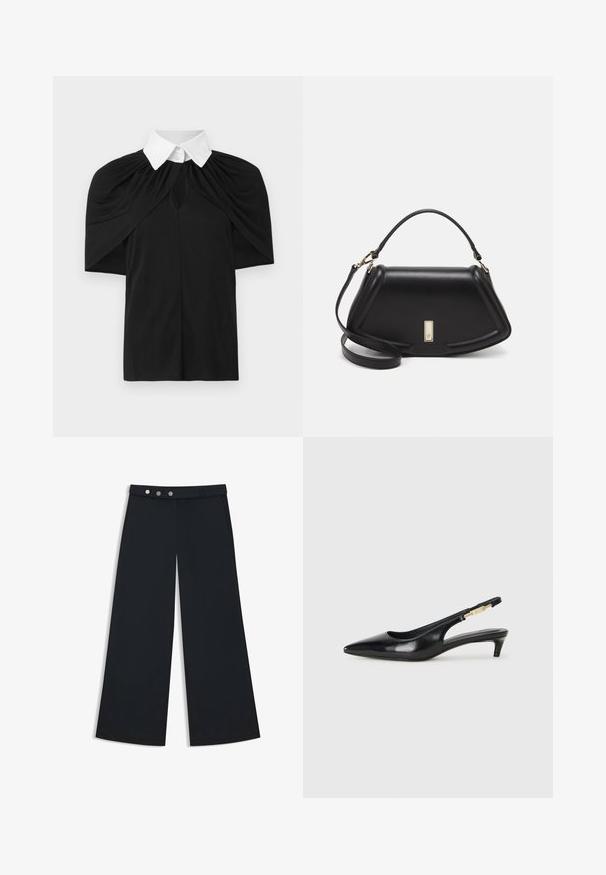 Zwarte shirt met een witte kraag, voorzien van een gedrapeerd ontwerp, korte mouwen en een keyhole uitsnijding aan de voorkant. Gladde textuur, casual pasvorm.; Zwarte wijde broek met een gladde textuur, voorzien van een platte tailleband, een dubbele knopen sluiting en zijzakken.; Zwarte leren slingback hakken met een spitse neus, voorzien van een slanke hak en een goudkleurige accent op de verstelbare band. Gladde textuur.; Zwarte leren handtas met een gestructureerd ontwerp, featuring een verkorte vorm, bovenhandvat en gouden hardwareaccent. Inclusief verstelbare schouderband.