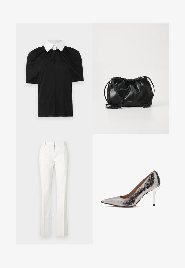 Černá košile s bílým límečkem, s volným střihem, krátkými rukávy a výřezem ve tvaru klíče na přední straně. Hladká textura, volný střih.; Bílé kalhoty na míru s rozšířeným spodním lemem, se záhyby vpředu a hladkým povrchem, vyrobené z lehkého materiálu.; Stříbrný vysoký podpatek s špičatou špičkou vyrobený z umělého materiálu s návrhem krokodýlích šupin, s elegantním stiletto podpatkem s černým akcentem.; Černá kožená kabelka s nařaseným designem, dvojitým stahovacím uzávěrem a odnímatelným ramenním popruhem. Obsahuje detail s metalickým logem.