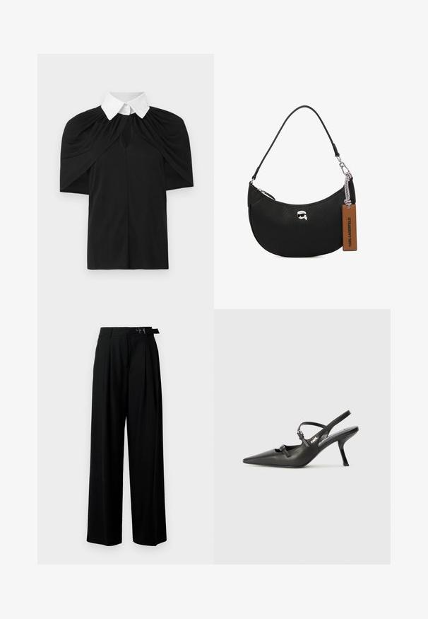 Melnā krekla ar baltu apkakli, ar drapējuma dizainu, īsām piedurknēm un atslēgas caurumu priekšpusē. Gluda tekstūra, brīva piegriezuma.; Melni plaši bikses ar augsto jostasvītru, priekšā ar krokojiem un jostu ar sprādzi. Izgatavotas no gludas, vieglas auduma.; Melnas ādas slingback papēži ar norādītu purngalu, izsmalcinātu papēdi un dekoratīvu sprādzi uz priekšpuses. Gluda tekstūra un elegants dizains.; Melnas ādas rokassomu ar akmens struktūru, izliekta forma, augšējā rāvējslēdzēja aizvēršana, sudraba detaļas un brūns birkas. Iespējas logotipa akcentam.