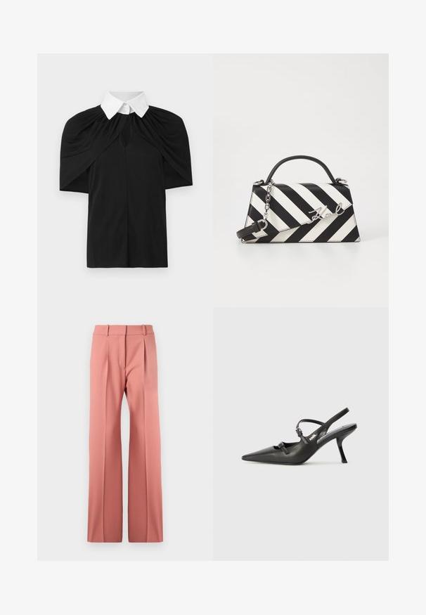 Svart skjorte med hvit krage, med drapert design, korte ermer og et nøkkelhullssnitt foran. Glatt tekstur, uformell passform.; Rosa, vide benklær laget av et glatt materiale, med frontfolder, høy midje og en ren skjæring uten synlige lommer.; Sorte skinn slingback-hæler med spiss tå, slank hæl og dekorativ spenne detalj på vampsiden. Glatt tekstur og stilrent design.; Svart- og hvitstripet håndveske med en strukturert form, som har et topphåndtak, en avtakbar kjedestropp, og metallisk logo-akcent.
