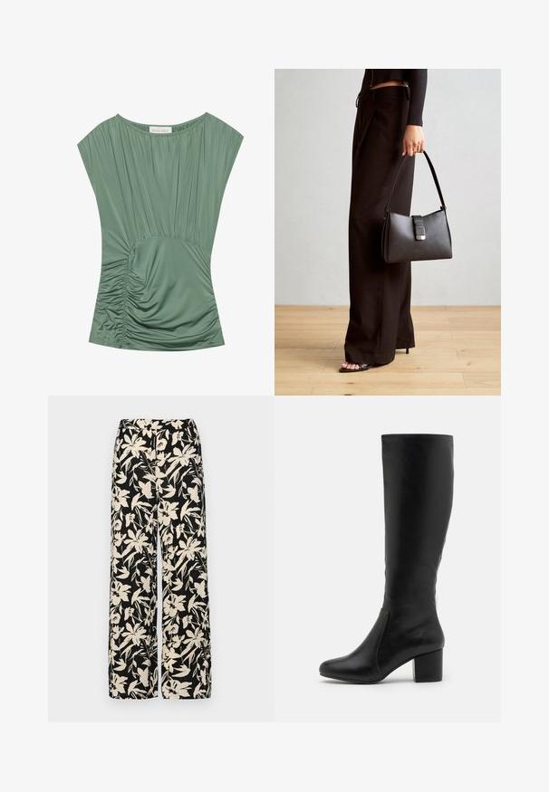 Grünes, kurzärmliges Oberteil aus plissiertem Stoff; zeigt eine geraffte Textur an der Taille und hat einen runden Halsausschnitt. Glattes, dehnbares Material.; Schwarze weit geschnittene Hose mit einem cremefarbenen Blumenmuster. Hergestellt aus leichtem Stoff, mit einer glatten Textur und einem hohen Bund.; Knielange schwarze Lederstiefel mit glatter Textur, abgerundeter Zehenpartie, Seitenpaneel und einem massiven Blockabsatz.; Schwarze Handtasche mit strukturierter Form, glatter Textur und einem metallischen Verschluss. Kombiniert mit weiten schwarzen Hosen und offenen Sandalen auf einem Holzboden.