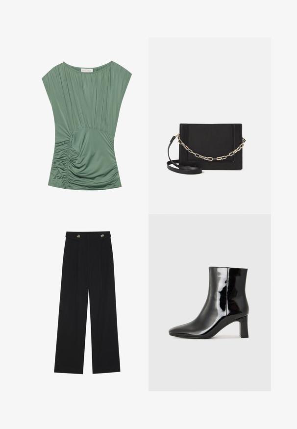 Top verde a maniche corte con tessuto plissettato; presenta una texture arricciata in vita e un collo rotondo. Materiale liscio ed elastico.; Pantaloni neri a gamba larga con vita alta, dettagli con bottoni in vita e pieghe frontali.; Stivaletto in pelle verniciata nera con punta a punta e tacco a blocco di altezza media. Texture liscia e design minimalista.; Borsa a tracolla nera in pelle con una texture liscia, forma rettangolare e dettaglio in catena metallica sul davanti. Inclusa una tracolla regolabile.