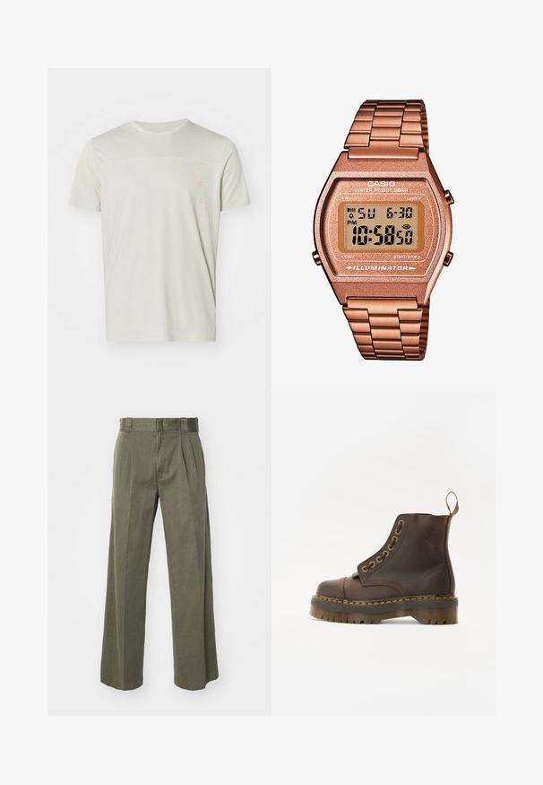 Svijetlosmeđi majica kratkih rukava s teksturiranim gornjim dijelom i "PUMA" logotipom u narančastoj boji s lijeve strane. Klasičan kroj s okruglim izrezom.; Košulja s dugim rukavima u tamno tirkiznoj boji, s dugim rukavima, kragnom na kopčanje, jednim džepom na prsima, s bijelim gumbima i teksturiranom tkaninom.; Maslinasto zelene hlače sa širokim, ležernim krojem i prednjim nabranim detaljima. Izrađene od teksturiranog materijala s klasičnim pojasom i bez vidljivih metalnih dijelova.; Smeđe kožne čizme do gležnja s okruglim vrhom, kontrastnim žutim šavovima, dekorativnim metalnim rupicama i zupčastom gumom.; Digitalni Casio sat s metalnom narukvicom u ružičastom zlatu, pravokutnim kućištem, osvijetljenim zaslonom i vodootpornošću, prikazuje vrijeme i datum.