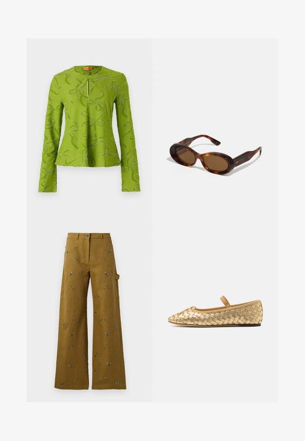 Zöld, hosszú ujjú felső, lekerekített nyakkal, elülső kulcslyukkal és textúrált, örvénylő vonalakkal és masnikkal díszített mintázattal.; Olíva zöld anyagú, széles szárú nadrág virágos hímzéssel. Gombos záródással és oldalsó zsebekkel rendelkezik. Az egész anyagot texturált varrás díszíti.; Loeffler Randall LEONIE SOFT BALLET FLAT - Bokapántos balerina cipők - gold; Tarka mamuszok, ovális lencsékkel, barna árnyalatban, arany díszítéssel a szárakon. Vastag keret, fényes felülettel és sima textúrával.