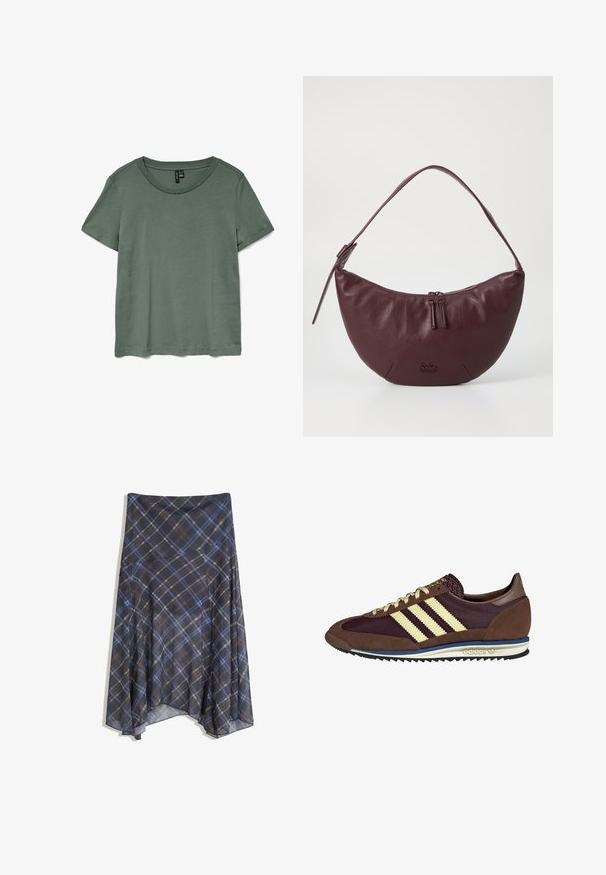 Groen T-shirt met korte mouwen, rond de hals en een zachte, gladde textuur. Heeft een relaxte pasvorm en een rechte snit aan de onderkant.; Zwarte geruite rok met blauwe en bruine lijnen, vloeiende stijl, middellang, gemaakt van lichte stof met een gladde textuur.; Bruine en bordeauxkleurige sneaker van suede en mesh materiaal, met drie crèmekleurige strepen, een gemêleerd stof op de tong en een rubberen zool.; Bordeaux lederen handtas met een gebogen ontwerp, voorzien van een ritssluiting, twee ritslussen en een korte schouderband. De details omvatten een geperst logo.