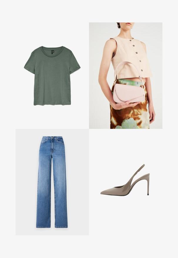 Green short-sleeve t-shirt with a round neckline and a soft, smooth texture. Features a relaxed fit and a straight cut at the hem.; Light blue wide-leg jeans made of denim, featuring a high waist, front pockets, and a standard button closure. Smooth texture.; Beige patent leather slingback high heels with a pointed toe and a sleek design, featuring a thin high heel and a cutout detail on the side.; Pink leather handbag with a curved flap, single shoulder strap, and clean lines. The bag exhibits a smooth texture and minimalistic design.
