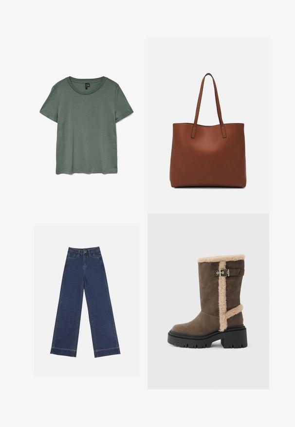 Green short-sleeve t-shirt with a round neckline and a soft, smooth texture. Features a relaxed fit and a straight cut at the hem.; Wide-leg jeans in dark blue denim. Features five pockets, belt loops, and a raw hem at the bottom with visible stitching details.; Brown suede ankle boot with beige fur trim, featuring a silver buckle accent and a chunky black sole with a thick tread pattern.; Brown leather tote bag with a smooth texture, open top design, and two shoulder straps. Features minimal stitching and no visible hardware.