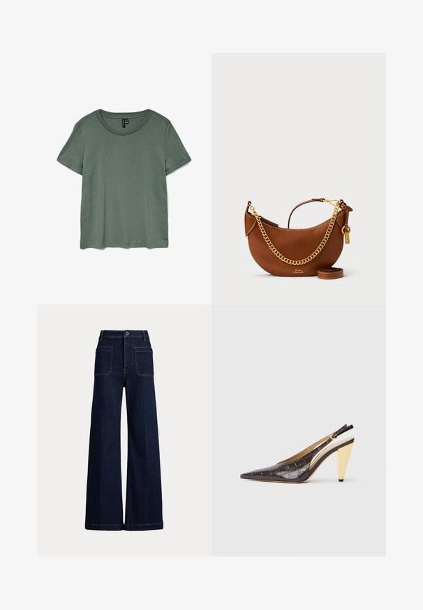 Grünes T-Shirt mit kurzen Ärmeln, rundem Ausschnitt und einer weichen, glatten Textur. Verfügt über einen lässigen Schnitt und einen geraden Saum.; Weite, dunkelblaue Jeans mit hohem Bund, Fünf-Taschen-Design und kontrastierenden Nähten. Sie verfügt über einen Knopfverschluss und eine strukturierte Form.; Spitz zulaufender Slingback-Absatzschuh aus glänzendem, dunkelbraunem Kunstcrocodilleder. Verfügt über einen goldfarbenen geometrischen Absatz und einen verstellbaren Knöchelriemen.; Braune Lederhandtasche mit geschwungenem Design, goldener Kettenriemen, Innentasche und abnehmbarem Schulterriemen. Mit kontrastierenden Nähten.