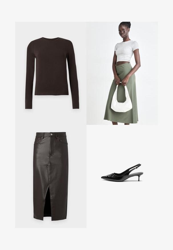 Mørkebrunt langærmet crew neck skjorte med slim fit præsenteret på en ensfarvet hvid baggrund.; Brun læder midi-nederdel med en frontslids, femlomme-design og metal-knap lukning. Glat tekstur og skræddersyet pasform.; Sorte læder slingback-pumps med spids tå, lav kitten-hæl og rynket detalje på overdelen. Glat tekstur og minimalistisk design.; Grå ribbet crop top og olivengrøn højhøjdet nederdel. Modellen holder en hvid skuldertaske med udskæringsdetaljer. Enkel design, tætsiddende silhuet.