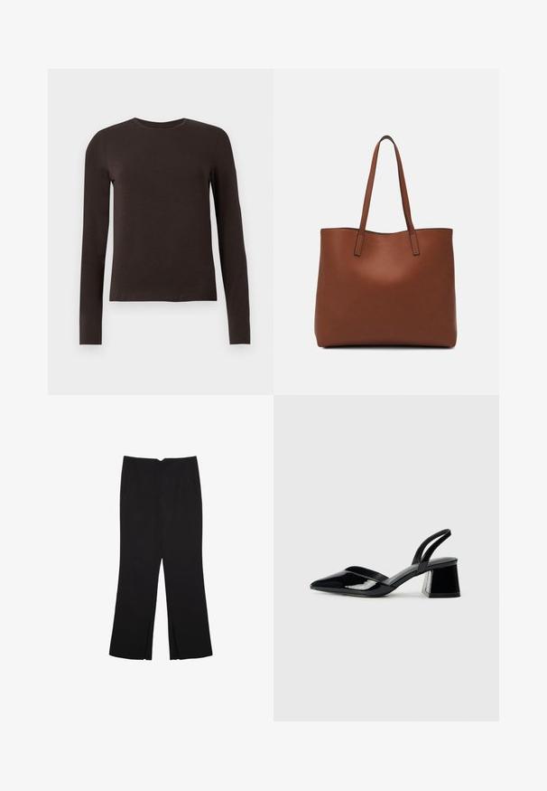 Temno rjava majica s dolgimi rokavi in krojnim ovratnikom, ožjega kroja, prikazana na enobarvnem belem ozadju.; Črne hlače ravnega kroja z naglavnimi žepi in stranskimi razporki na robu. Narejene iz mehke, gladke tkanine. Primerne za različne priložnosti.; Črne lakirane slingback pete s koničastim nosom in geometrijsko blokasto peto. Imajo eleganten, minimalističen dizajn in gladko teksturo.; Rjava usnjena torba z gladko teksturo, odprto zasnovo zgoraj in dvema naramnima trakovoma. Opremljena je z minimalnim šivanjem in brez vidnih kovinskih delov.