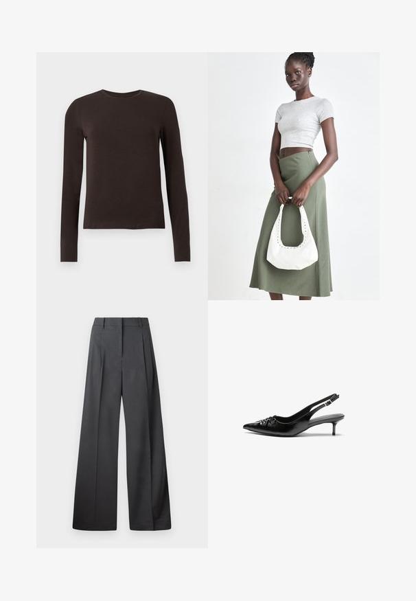 Mørkebrunt langærmet crew neck skjorte med slim fit præsenteret på en ensfarvet hvid baggrund.; Bredde benbukser i mørkegrå stof, med høj talje, enkelte læg og en glat tekstur med en ren finish ved kanten.; Sorte læderslippers med spidse tæer, lille kitten hæl og en dekorativ knude detalje foran. Glat tekstur hele vejen rundt.; Grå ribbet crop top og olivengrøn højhøjdet nederdel. Modellen holder en hvid skuldertaske med udskæringsdetaljer. Enkel design, tætsiddende silhuet.