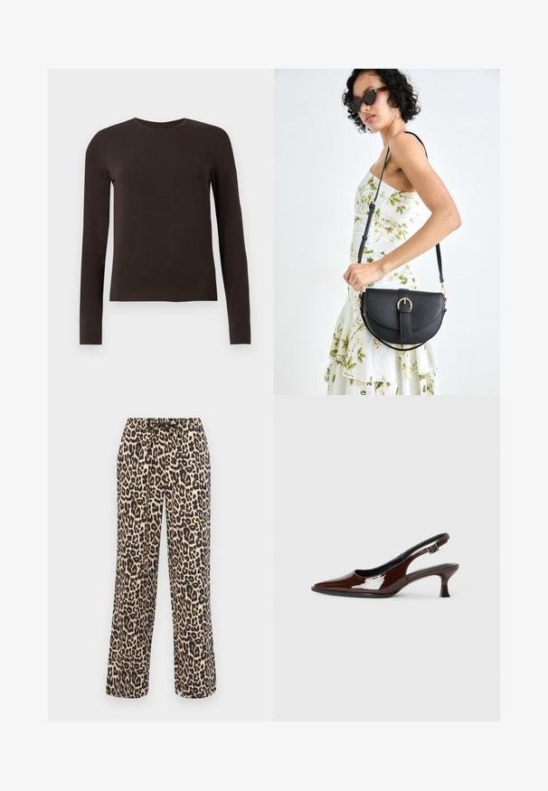 Dunkelbraunes Langarmshirt mit Rundhalsausschnitt und schmaler Passform auf einem schlichten weißen Hintergrund dargestellt.; ONLY ONLCLARA PULLUP PANT - Stoffhose - black; Braune Lackleder-Slingback-Schuhe mit spitzer Zehe und moderatem Absatz. Mit einem Schnallenriemen für einen sicheren Sitz. Glatte Textur.; Schwarze Lederhandtasche mit geschwungener Form, abnehmbarem Tragegurt und goldenen Beschlägen. Die Tasche verfügt über einen Deckel mit einer Schnallen-Details.