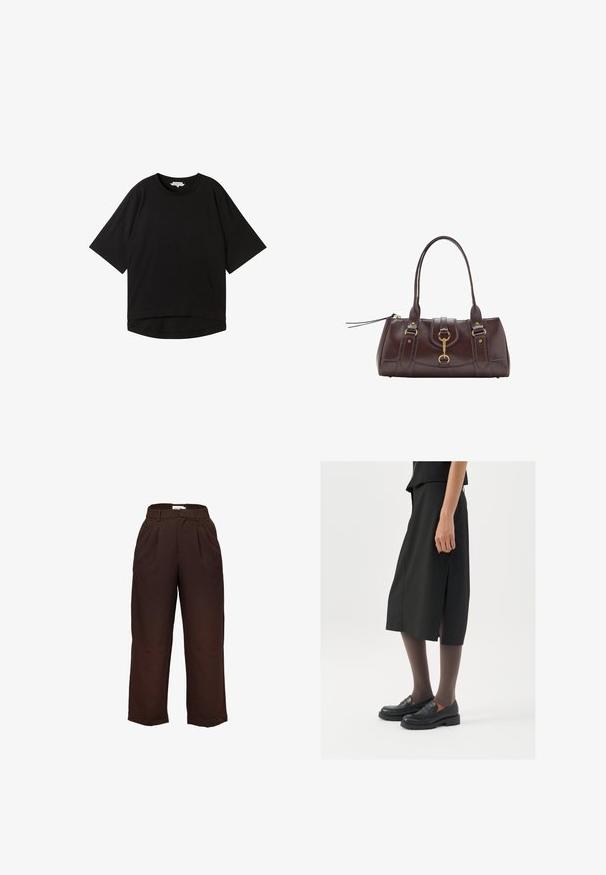 Zwart T-shirt met korte mouwen, een relaxte pasvorm, ronde halslijn en een licht gebogen zoom. Gemaakt van een zachte, gestructureerde stof.; Hoge taille, donkerbruine wijde broek met riemlussen en voorplooien, weergegeven tegen een witte achtergrond.; Zwarte knielange rok met zijsplit, gecombineerd met zwarte loafers en doorzichtige bruine panty's, met een mooie stof en een eenvoudig ontwerp.; Donkerbruine leren handtas met twee bovenhandvatten, vergulde accenten, een sluitingdetail aan de voorkant en gestikte texturen aan de zijkanten.; Metalen zilveren hanger met een gestructureerde, organische vorm die hangt aan een zwarte koord. Verstelbare lengte met kleine zilveren accenten.