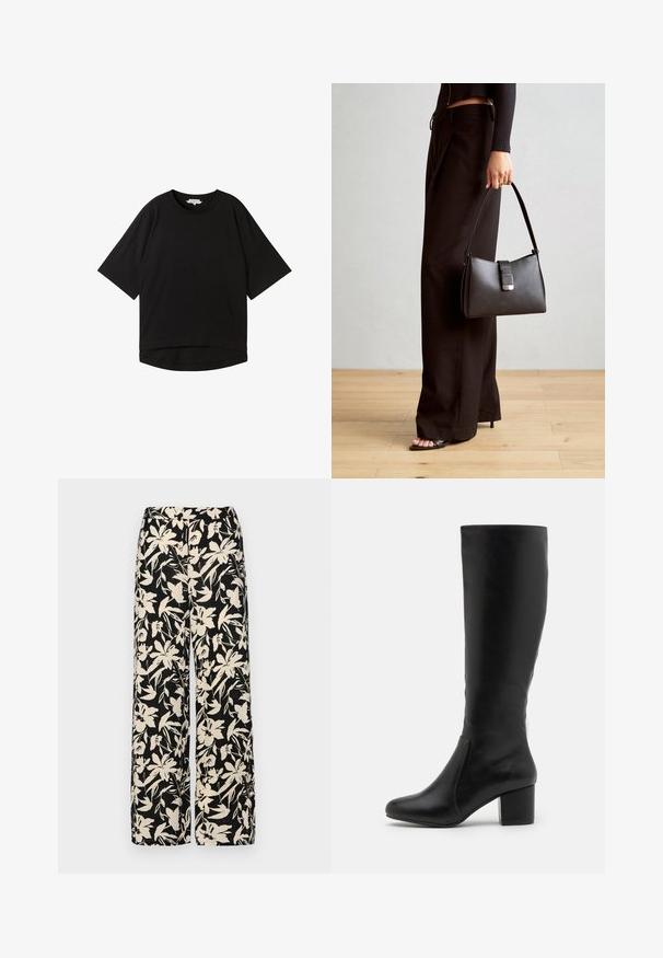 Sort kortærmet t-shirt med en afslappet pasform, rund halsudskæring og en let buet kant. Fremstillet af et blødt, struktureret stof.; Sorte vide bukser med et mønster af cremefarvede blomster. Lavet af letvægtsstof, som har en glat tekstur og en høj talje.; Knæ-høje sorte læderstøvler med en glat overflade, afrundet tå, sideskift og en kraftig blokhæl.; Sort håndtaske med struktureret form, glat overflade og metalspænde. Sammen med brede sorte bukser og sandaler med åben tå på trægulv.