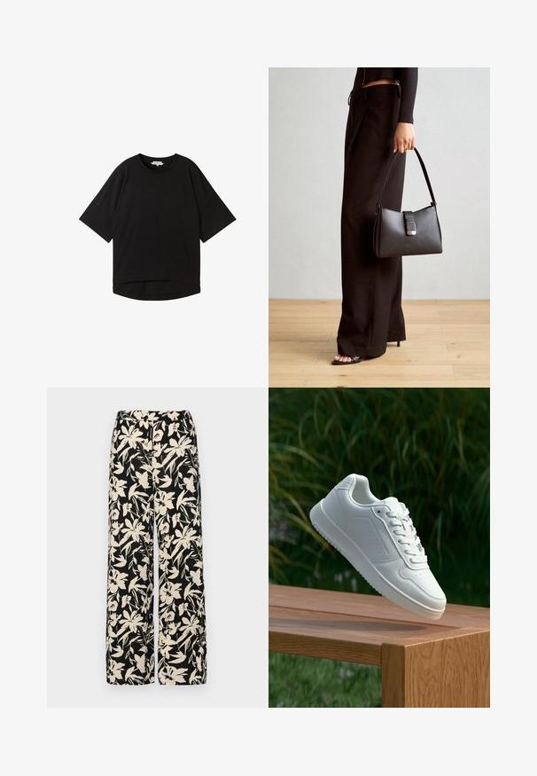 Schwarzes T-Shirt mit kurzen Ärmeln, entspannter Passform, runden Ausschnitt und leicht abgerundetem Saum. Hergestellt aus einem weichen, strukturierten Stoff.; Schwarze weit geschnittene Hose mit einem cremefarbenen Blumenmuster. Hergestellt aus leichtem Stoff, mit einer glatten Textur und einem hohen Bund.; Weiße Sneaker mit einem glatten, synthetischen Obermaterial, perforierter Zehenbox, flachen Schnürsenkeln und einer strukturierten Sohle, präsentiert auf einer Holzoberfläche.; Schwarze Handtasche mit strukturierter Form, glatter Textur und einem metallischen Verschluss. Kombiniert mit weiten schwarzen Hosen und offenen Sandalen auf einem Holzboden.