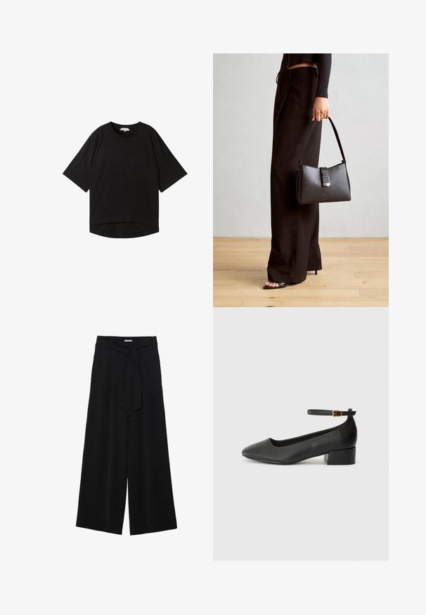 Juodas trumpas rankovės marškinėliai su atsipalaidavusiu siluetu, apvaliu kaklu ir šiek tiek kreivu kraštu. Pagaminti iš minkštos, tekstūruotos medžiagos.; Juoda plačių kojų kelnės, pagamintos iš tekstūruoto audinio, su elastingu juosmeniu ir atsegamu diržu juosmenyje, leidžiančiu reguliuoti dydį.; Juodas odinis aukštakulnis batelis su smailiu pirštu ir žemu bloku. Su kulkšnies dirželiu su auksinės spalvos sagtimi. Lygus paviršius.; Juodas rankinė struktūrizuota forma, lygi tekstūra ir metalinis užsegimas. Suporuota su plačiomis juodomis kelnėmis ir atvirais bateliais ant medinių grindų.