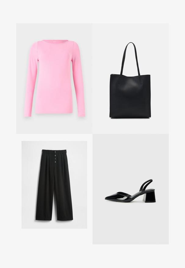 GAP BATEAU - Hosszú ujjú felső - parisian pink; Texturált anyagból készült széles lábú fekete nadrág. Magas derekú, öt gombos elülső záródással és a részleteket kiemelő pliszézett betétekkel rendelkezik.; Fekete lakk bőr szandálkés magas sarkú cipő, hegyes orral és geometrikus tömbsarkakkal. Karcsú, minimalista dizájn és sima textúra jellemzi.; Fekete bőrtáska sima felszínnel, téglalap alakú, két hosszú füllel. Nincs látható fémkiegészítő vagy díszítés.