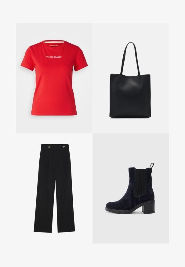 Guess Jeans SLIM LOGO EMB - Marškinėliai su spaudiniu - cherry bloom; Juodi plačios kojos kelnės su aukštu liemeniu, sagų detalėmis ant liemens ir priekinėmis raukšlėmis.; Tamsiai mėlynos suknelės odos aulinukai iki kulkšnių su elastingu šoniniu paneliu, apvaliu pirštu ir bloko kulnu. Tekstūruota medžiaga ir lygi padas suteikia kontrastą.; Juodas odinis tote krepšys su lygia tekstūra, stačiakampio formos ir dviem ilgais rankenomis. Matomų metalinių detalių ar puošybos nėra.