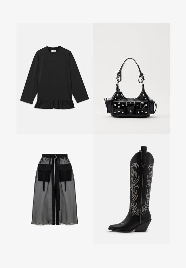 Black long-sleeve top with a round neckline, ruffled hem, and subtle text detail on the front. Made of soft, comfortable material.; Black sheer skirt with a gathered waistband, featuring two large front pockets, a waist tie, and a circular metal accent.; Black leather cowboy boots with pointed toes, wedge heels, and silver embroidered floral patterns along the shaft. Contrast stitching throughout.; Black leather handbag with a curved design, featuring silver studs, a buckle, and two side pockets. Adjustable strap for carrying options.