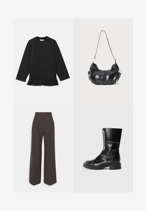 Melnā garo piedurkņu krekliņš ar apaļu izgriezumu, ruļļveida apakšmalu un smalku tekstu uz priekšpuses. Izgatavots no mīksta, ērtā materiāla.; Tumši brūni platajiem galiem bikses ar augstu jostasvietu, kas pieejamas ar uzmanīgi presētām krokām, gludu tekstūru un pielāgotu piegriezumu.; Melna ādas potīšu zābakus ar noapaļotu purngalu, gludu virsmu, kontrastējošu stiklojumu un kvadrātveida papēdi, izmantojot nedaudz sašaurinātu siluetu.; Melna ādas pusmēness formas plecu soma ar sudrabainām rāvējslēdzēm abās pusēs un vienu siksnu.