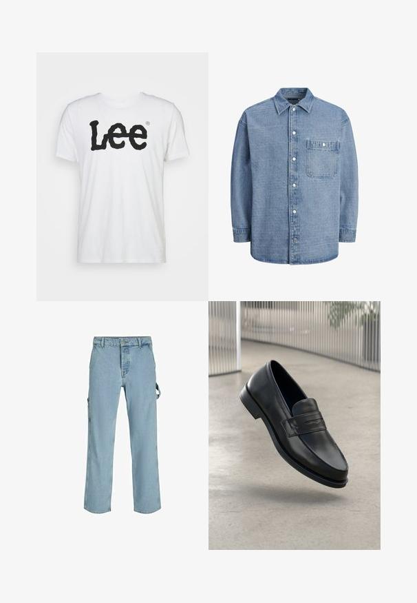 Hvid bomulds t-shirt med et stort sort "Lee" logo i en bølgete skrifttype på tværs af brystet. Korte ærmer og rund halsudskæring.; Lyseblå denimskjorte med klassisk krave, foran knaplukning og en enkelt brystlomme med klap og trykknap.; Lysblå denim cargo bukser med en afslappet pasform, der har sideløkker til tilkobling og frontlommer, og viser en falmet tekstur.; Sort lædersko med glat tekstur, spids tå og en dekorativ rem over vristen. Letvægts sål, minimalistisk design.