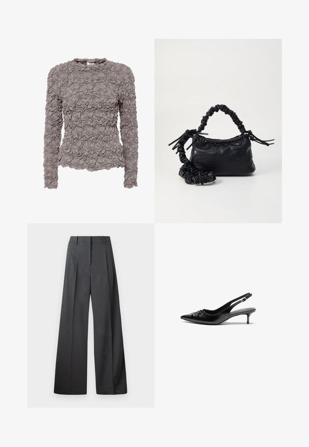 Pikad varrukad ja tekstureeritud rüütud kangast mauve'ist blouse, ümar kaelus, kerge laiem äär ja seljal väike nööpauk.; Tumesed püksid tumesinises kangas, kõrge vöökoht, üks voldik ning sile struktuur puhaste ääristega.; Musthave nahkased kõrged kontsad, millel on terav varvas, väike kitten-kont ja dekoratiivne sõlm ees. Ühtlane sile tekstuur.; Must must sünteetilisest nahast käekott, millel on krokodillimuster, kokku tõmmatav ülaosa ja kortsus rihm. Tundub pehme ja kompaktne disain.