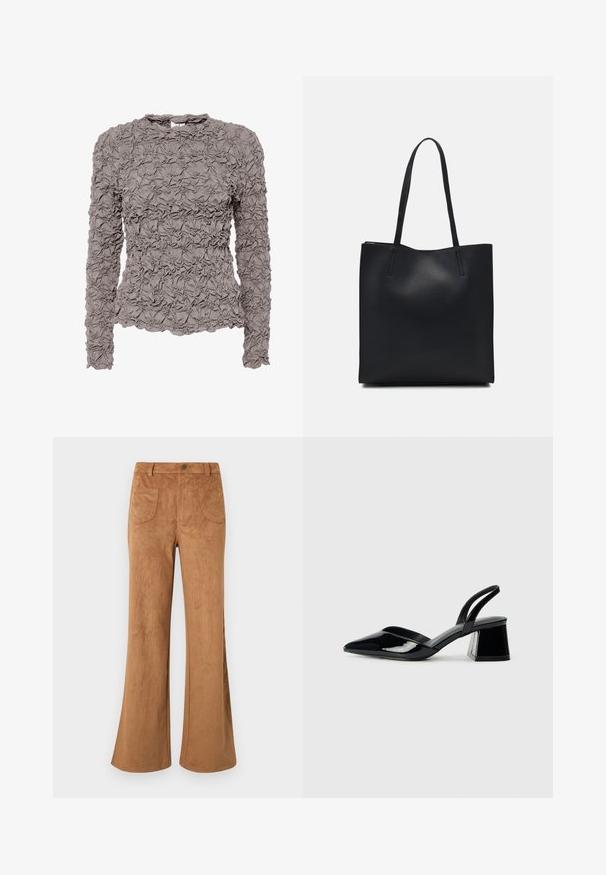 Bluzica z dolgimi rokavi v mauve barvi z teksturiranim nabranim materialom, okroglo izrezom, rahlim razširjenjem na robu in gumbnim zapiranjem na zadnjem delu z odprtino.; Rjave semiš flare hlače z visokim pasom, sprednjimi in zadnjimi žepi ter gladko teksturo. Oblikovane za sproščen kroj po celotni dolžini nog.; Črne lakirane slingback pete s koničastim nosom in geometrijsko blokasto peto. Imajo eleganten, minimalističen dizajn in gladko teksturo.; Črna usnjena torba s svilnato teksturo, pravokotne oblike in dvema dolgima ročajema. Brez vidnih metalnih delov ali okrasnih elementov.