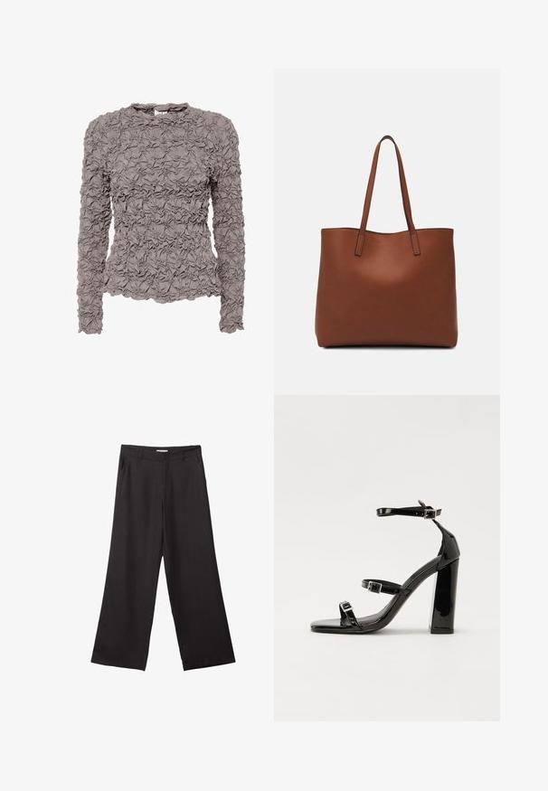 Langärmlige Bluse in Mauve mit strukturiertem Rüschenstoff, Rundhalsausschnitt, leicht ausgestelltem Saum und einer Knopfverschlusseinheit mit Schlüssellochöffnung auf der Rückseite.; Schwarze weite Hosen aus glattem Stoff, mit einem Reißverschluss vorne und zwei seitlichen Taschen, maßgeschneiderter Passform und minimalistischem Design.; Schwarze Lackleder-Sandalen mit hohen Absätzen, zwei Riemen mit Schnallen, quadratischer Zehenpartie und klobigem Blockabsatz, mit einer glatten, glänzenden Textur.; Braune Leder-Tote mit glatter Textur, offenem Oberteil und zwei Schulterriemen. Verfügt über minimale Nähte und keine sichtbaren Beschläge.