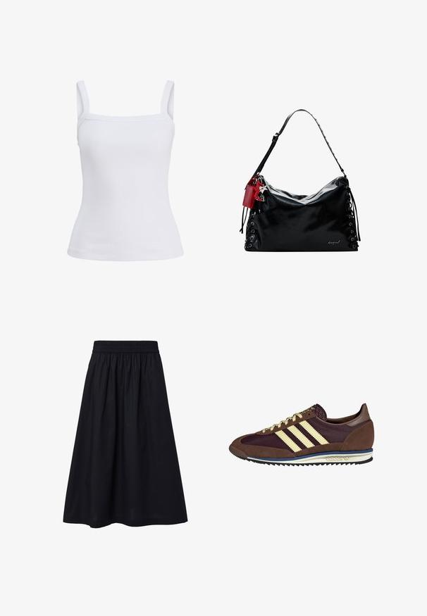 Balta juostelėta liemenėlė su siaurais petnešomis ir prigludusia siluetu, pagaminta iš minkštos medvilnės mišinio audinio. Be raštų ar akcentų.; Juodas, iki kelių siekiantis sijonas iš lengvos medžiagos. Didesnėms patogumui turi elastingą juostą ir paprastą, lygų tekstūrą. Nėra matomų raštų ar puošmenų.; Rudi ir burgundiški sportbačiai, pagaminti iš suedės ir tinklinės medžiagos, su trimis grietinėlės spalvos juostelėmis, tekstūruota medžiaga ant liežuvėlio ir guminis padas.; Juodas odinis rankinukas su laisvu dizainu, su raišteliu detalėmis šonuose ir raudonu akcentu. Yra ilga reguliuojama dirželė.