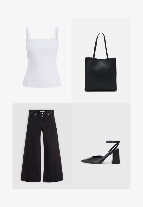 Fehér bordázott ujjatlan felső keskeny pántokkal és testhez simuló szabással, puha pamut keverékből készült. Nincsenek mintázatok vagy díszítések.; Fekete denim széles szárú farmer, cipzáros elejével, öt zsebes kialakítással és diszkrét varrással. Sima textúra és laza stílus.; Fekete bőr, hegyes orrú magassarkú cipő boka pánttal és vastag sarokkal. Sima textúra, elegáns dizájn és minimális esztétika.; Fekete bőrtáska sima felszínnel, téglalap alakú, két hosszú füllel. Nincs látható fémkiegészítő vagy díszítés.