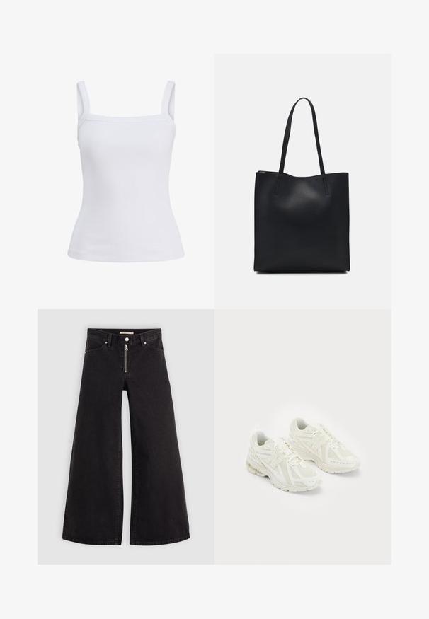 Fehér bordázott ujjatlan felső keskeny pántokkal és testhez simuló szabással, puha pamut keverékből készült. Nincsenek mintázatok vagy díszítések.; Fekete denim széles szárú farmer, cipzáros elejével, öt zsebes kialakítással és diszkrét varrással. Sima textúra és laza stílus.; Fehér sportcipők hálós és szintetikus anyagokból, fűzős dizájn, párnázott bokarésszel és érdes talppal a tapadás érdekében. Könnyű felépítés.; Fekete bőrtáska sima felszínnel, téglalap alakú, két hosszú füllel. Nincs látható fémkiegészítő vagy díszítés.