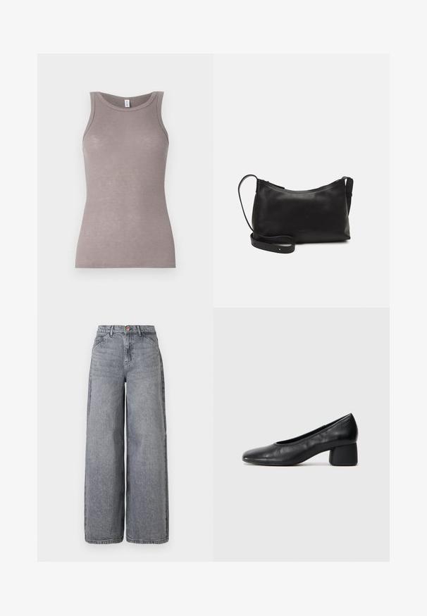 Pilkos juostos marškinėliai be rankovių su apvaliu iškirpimu. Audinys atrodo minkštas, turi prigludusią siluetą ir subtilų blizgesį.; Plačios kojelės džinsai iš išblukusio pilko pluošto, su penkiomis kišenėmis, mygtuko uždarymu ir minkštu paviršiumi, turinčiu subtilius nusidėvėjimo akcentus.; Juodai odiniai aukštakulniai batai su apvaliu pirštu ir vidutiniu bloku. Lygi tekstūra su minimaliu apdailos, turinčia subtilų elastingą atidarymą.; Juodas odinis petinis krepšys su lygiu paviršiumi, išlenkta forma, reguliuojama dirželiu ir užtrauktuku. Minimalistinis dizainas be puošmenų.