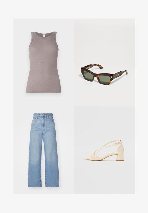 Graues, geripptes Tanktop mit rundem Halsausschnitt und ärmellosem Design. Der Stoff wirkt weich, hat eine figurbetonte Silhouette und einen subtilen Glanz.; Hellblaue High-Waist-Weite-Leg-Jeans mit Knopf- und Reißverschluss vorne, Vorder- und Rückentaschen, auf weißem Hintergrund.; Beige Sandalen mit Absatz, Blockabsatz, Riemchen-Design und verstellbarem Knöchelriemen, aus glattem synthetischem Material mit matter Oberfläche.; Schildpatt-Sonnenbrille mit rechteckigen grünen Gläsern. Dicke Fassung mit goldenen Akzenten an den Bügeln. Glatte Textur und kantiges Design.; Braune Wildleder-Schultertasche mit weicher Textur, gebogener Form und zwei Griffen. Verfügt über ein minimalistisches Design ohne sichtbare Beschläge oder Akzente.
