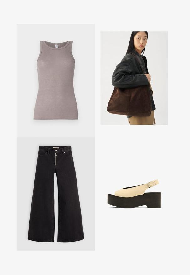 Grijze geribbelde tanktop met een ronde halslijn en mouwloos ontwerp. De stof lijkt zacht met een fitted silhouet en subtiele glans.; Wijdvallende jeans van zwarte denim met een ritssluiting aan de voorkant, vijf zakken en subtiele stikdetails. Soepele textuur en casual stijl.; Beige suède platform sandalen met een open teen, slingback-ontwerp en een donkerhouten basis, voorzien van een metaalgesp voor aanpassing.; Bruine suède tote bag met een brede vorm en zachte textuur, voorzien van een enkele schouderband en minimale hardware tegen een neutrale achtergrond.