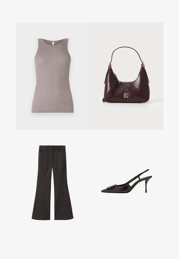 Sivina rebraasta majica bez rukavov z okroglim izrezom. Tkanina se zdi mehka, s prilegnjeno silhueto in blagim leskom.; Črne razširjene hlače z visokim pasom; vključujejo dva sprednja žepa in gladko teksturo tkanine. Primerne za različne priložnosti.; Črne lakirane slingback čevlje s koničastim prstom, minimalističnim dizajnom, majhnim okroglim detajlom na vampu in ozkim petam.; Burgundska kožna torbica s zakrivljenim oblikom, zlatnimi detajli na opremi in zadrgo. Ima odstranljiv naramni trak.