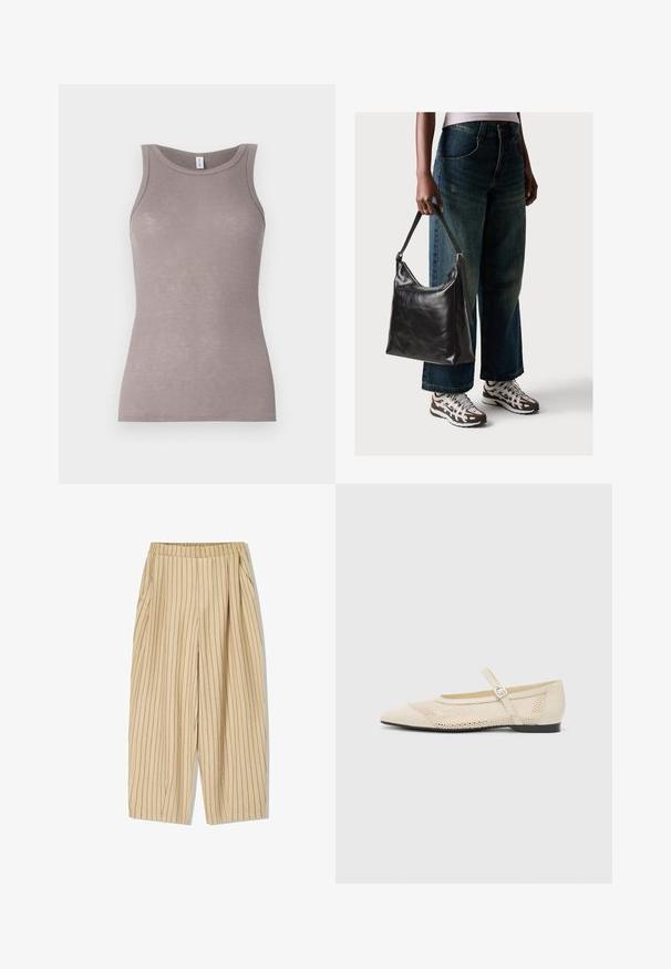 Top de culoare gri, cu modele în dungă, cu decolteu rotund și fără mâneci. Materialul pare moale, având o siluetă ajustată și un luciu subtil.; Pantaloni bej stripe cu un tiv elastic, având două buzunare laterale, croială lejeră și dungi verticale negre pentru detaliu.; Balerini bej cu vârf ascuțit, cu un design din plasă, și o curea cu cataramă laterală. Talpă plată cu o textură netedă.; Geantă de umăr din piele neagră, cu o textură netedă și curea ajustabilă, asortată cu blugi evazați și adidași.