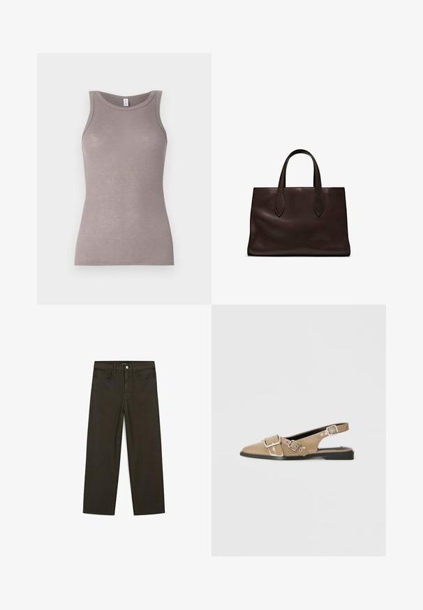 Canottiera grigia a coste con scollatura tonda e design senza maniche. Il tessuto appare morbido con una silhouette aderente e una leggera lucentezza.; Jeans a gamba larga di colore verde scuro, realizzati in tessuto misto cotone, dotati di chiusura con bottone frontale, cinque tasche e cuciture classiche in denim.; Scarpe slingback patent beige con punta affusolata, due cinturini regolabili e tacco nero basso. Texture liscia con una finitura lucida.; Borsa a spalla in pelle marrone con due manici lunghi, forma rettangolare strutturata, texture liscia e dettagli di cucitura sottili.