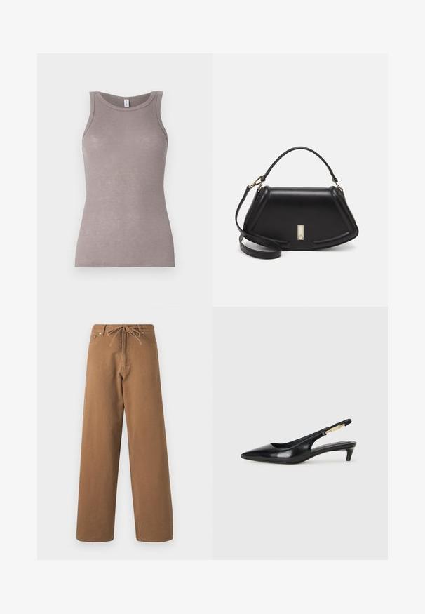 Grå ribbad linne med rund halsringning och ärmlös design. Tyget verkar mjukt med en figurnära silhuett och subtil lyster.; Bruna vida byxor i bomull med dragsko i midjan och två framfickor. Strukturerad tyg med en slät finish.; Svart läder slingback-hälar med spetsig tå, med en smal klack och en guldtonad detalj på den justerbara remmen. Slät textur.; Svart läderhandväska med en strukturerad design, som har en avskuren form, ett handtag upptill och guldiga detaljer. Justerbar axelrem ingår.