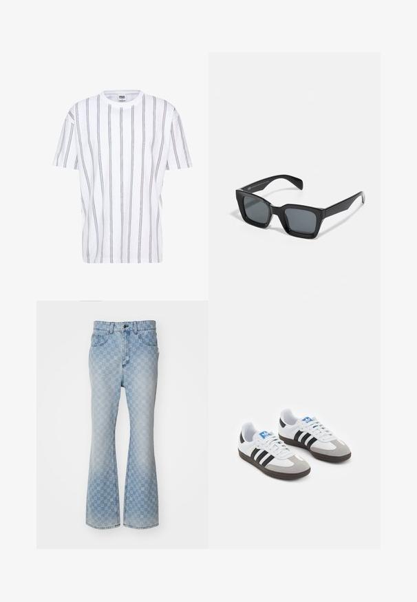 Witte T-shirt met korte mouwen, voorzien van verticale multikleurige strepen. Ronde halslijn en een losse pasvorm, gemaakt van katoen.; Lichtblauwe spijkerbroek met uitlopende pijpen, voorzien van een logo patroon over de hele stof, vijf zakken, een knoopsluiting en een licht vervaagde afwerking.; Sportschoenen met een witte leren bovenkant, grijze suède neus en drie zwarte strepen. Bevat een blauw logo op de tong en een gestructureerde rubberen zool.; Zwarte rechthoekige zonnebril met donkere lenzen. Kunststof frame met een glanzende afwerking, met een brede neusbrug en licht taps toelopende pootjes.
