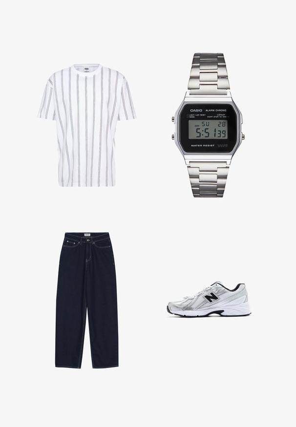 Weißes T-Shirt mit kurzen Ärmeln, das vertikale, mehrfarbige Streifen aufweist. Rundhalsausschnitt und lockere Passform, aus Baumwollmaterial gefertigt.; Dunkelblaue Denim-Hosen mit weitem Bein, kontrastierenden Nähten, frontalen Taschen und einem Knopfverschluss. Sauberer, gerader Schnitt ohne Verzierungen.; Silberner Sportschuh aus Mesh-Material, mit schwarzen Akzenten, durchbrochenem Design und einer gepolsterten weißen Sohle. Mit einem auffälligen 'N'-Logo.; Digitale Casio-Uhr mit schwarzem Ziffernblatt, silbernem Edelstahlband, rechteckigem Gehäuse sowie Tasten für Licht, Rundenrücksetzung und Moduswechsel.