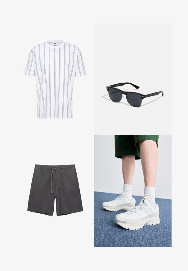 Fehér, rövid ujjú póló, függőleges, színes csíkokkal. Kerek nyakkivágású és laza fazonú, pamut anyagból készült.; Szürke pamut rövidnadrág, elasztikus derékpánttal, állítható zsinórral, oldalsó zsebekkel és laza szabással. Sima textúrájú és térdhosszúságú kivitel.; Fehér sportcipők texturált burkolattal, vastag talppal és szürke részletekkel. Fehér sportzoknival és zöld rövidnadrággal viselve, kék felületen.; Fekete napszemüveg, téglalap alakú, sötét lencsékkel, ezüst részletekkel a szárakon, és matt felülettel a kereten.