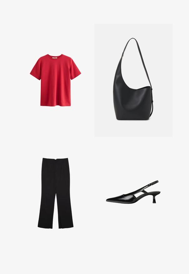 Rotes T-Shirt mit kurzen Ärmeln aus Baumwolle, mit Rundhalsausschnitt, lockerer Passform und glatter Textur, ohne sichtbare Muster oder Akzente.; Schwarze Hose mit geradem Schnitt, ausgestattet mit Fronttaschen und Seitenschlitzen am Saum. Hergestellt aus weichem, glattem Stoff. Geeignet für verschiedene Anlässe.; Schwarze Lackleder-Slingback-High Heels mit spitzer Zehenform, ausgeschnittenem Seitendesign und kleinem Blockabsatz. Glatte Textur mit minimalen Akzenten.; Schwarze Leder-Hobo-Tasche mit einer glatten Textur, geschwungener Form und einem einzelnen verstellbaren Tragegurt; verfügt über eine weite Öffnung am oberen Ende.