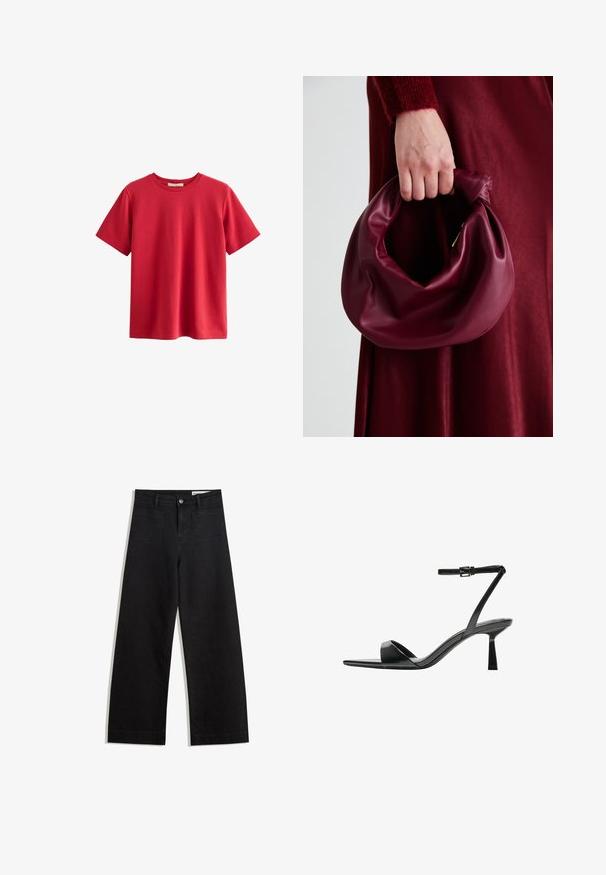 Rød kortærmet T-shirt lavet af bomuld, med rund hals, afslappet pasform og glat tekstur, uden synlige mønstre eller detaljer.; Sorte wide-leg denim bukser med høj talje, der har front- og baglommer, syede sømme og en knaplukning. Glat tekstur.; Bershka Højhælede sandaletter / Højhælede sandaler - black; Bordeaux læderhåndtaske med et blødt, samlet design og en rund form. Håndtaget er sikret og viser en glat tekstur.