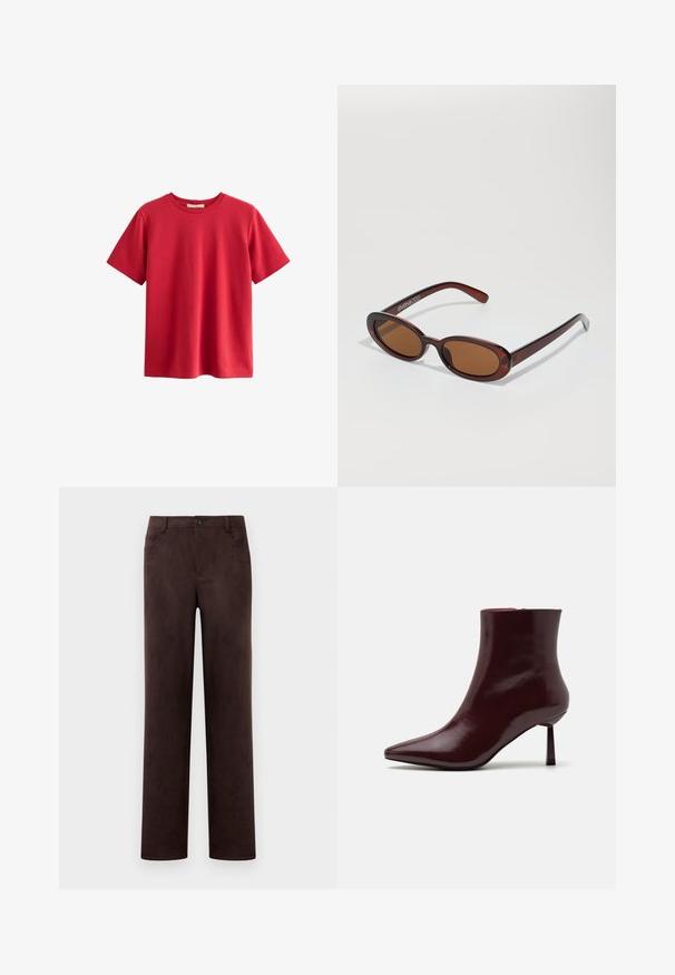 Rdeča kratka majica s kratkimi rokavi iz bombaža, z okroglo ovratnikom, sproščenim krojem in gladko teksturo, brez vidnih vzorcev ali dodatkov.; Hlače iz temno rjave nobuk kože s ravnimi nogavicami, sprednjim gumbom in zadrgo, z zankami za pas in stranskimi žepi.; Burgundska patentna kožna gležnjarja s koničastim nosom in ozko špicasto peto, s gladko, sijočo teksturo in minimalističnim dizajnom.; Okrogle, rjavo obarvane sončne naočare z sijočim burgundskim okvirjem. Tanek nosilec s subtilnim logotipom. Oblika leč je ravna.; Tkanina burgundska torbica z zaobljeno obliko in enim ročajem, s teksturirano površino in elastičnim zaveznim zapiranjem.