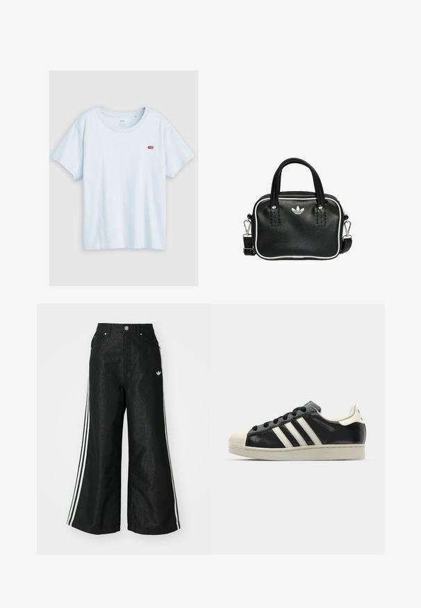 Levi's® Plus PERFECT TEE RAITA - Jednoduché tričko - skyway; Černé široké džíny s třemi bílými pruhy po stranách a malým bílým logem. Obsahují přední kapsy a zapínání na knoflík.; Černé kožené sneakers s bílými pruhy, gumovou špičkou, černými tkaničkami a krémovou podešví. Hladký povrch s lesklým finišem.; Černá kožená kabelka se dvěma krátkými uchy, stříbrným kováním, bílými detaily a bílým logem. Má texturovaný povrch a kompaktní design.