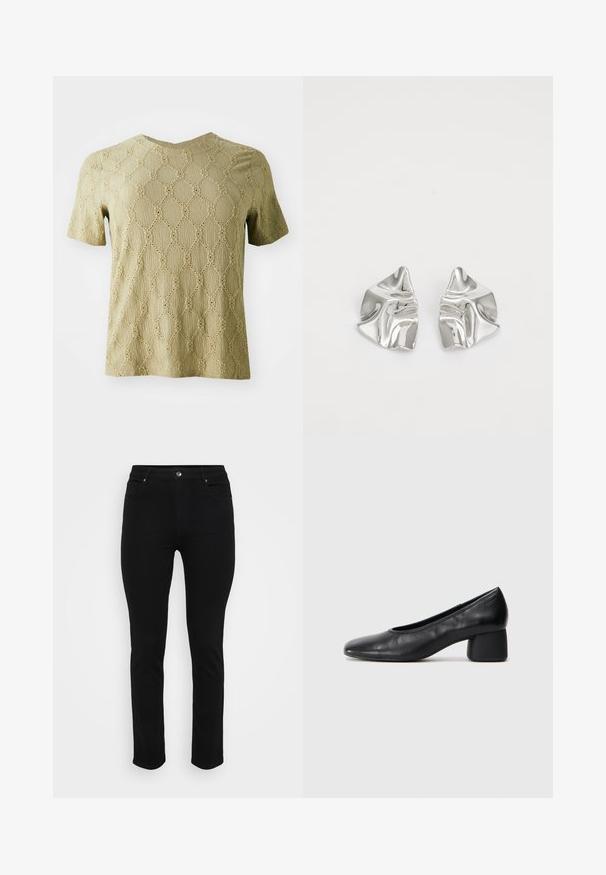 Short-sleeve top in light olive green with a textured surface featuring a diamond pattern and circular cut-outs throughout the fabric.; Black denim jeans with a slim fit, five-pocket design, front button closure, and slight stretch for comfort. Flat, smooth texture with minimal detailing.; Black leather pump with a rounded toe and mid-block heel. Smooth texture with minimal detailing, featuring a subtle elastic opening.; Silver metal earrings with a wavy, sculptural design featuring a polished finish and irregular shapes, highlighting a contemporary aesthetic.