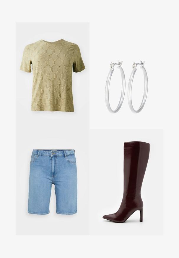 Kratkām piedurknēm tops gaiši olīvzaļā krāsā ar teksturētu virsmu, kurā redzams dimanta raksts un apaļie izgriezumi visā audumā.; Gaiši zili denima šorti ar klasisku griezumu, kas aprīkoti ar priekšējo pogu aizdari, jostu cilpām un divām sānu kabatām. Gluda tekstūra un taisns apakšmala.; Even&Odd Zābaki - dark red; Sudraba riņķveida auss gredzeni ar gludu, pulētu apdari. Apaļa forma un drošs klikšķa augšējais slēgums. Viegls dizains, kas piemērots ikdienas valkāšanai.