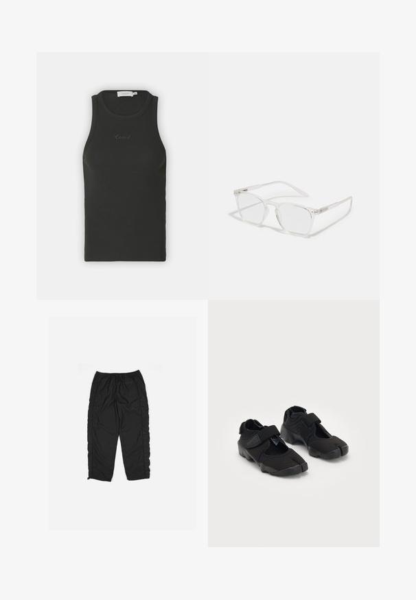 Fekete bordás ujjatlan felső, kerek nyakkivágással, hímzett "Coach" logóval a mellkason. Puha, rugalmas anyagból készült.; Fekete sportnadrág rugalmas derékkal, oldalán rácsos mintázattal és cipzárakkal a bokán. Sima, könnyű anyag.; Fekete vízicipők rugalmas anyagból, tépőzárral, egyedülálló osztott orrdesignnal és texturált gumitalppal a tapadás érdekében.; CHPO ZEBBE UNISEX - Kékfény szűrő szemüvegek - transperent; Fekete bőr hobo táska, amely lágy, ívelt formájú. Széles felső fogantyúval rendelkezik, és az alján gyűrődésekkel bír, ami laza textúrát ad neki.